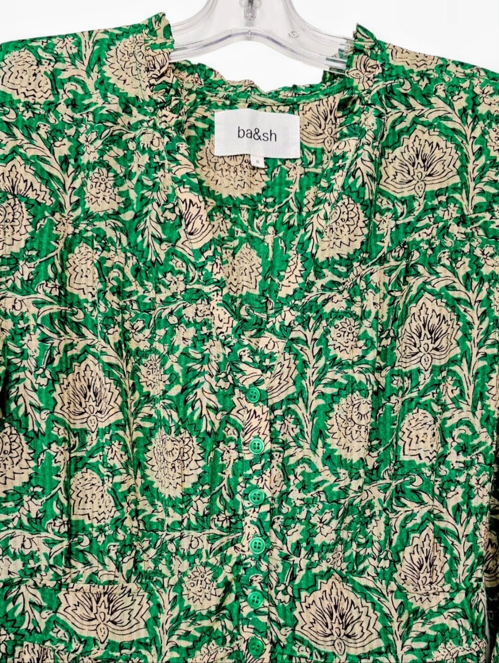 ba&sh Paz Green Tan Floral Garden Print Lady Dress Half Sleeve Mini Dress size 0 - Picture 7 of 16